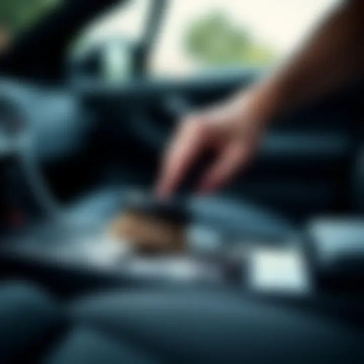 Person using a detailing brush on a vehicle interior