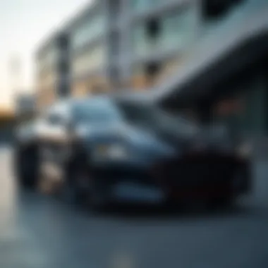 Side profile of a sleek 300 HP car parked against an urban backdrop