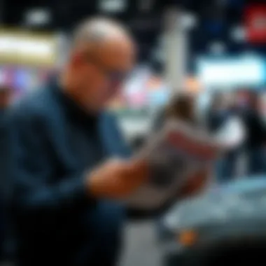 A close-up of a reader engrossed in a truck magazine at an auto show