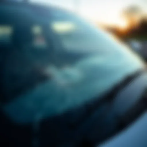 A close-up of a damaged windshield highlighting cracks and chips