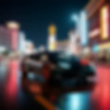 Dynamic shot of a Lamborghini Huracan cruising along the Las Vegas Strip at night