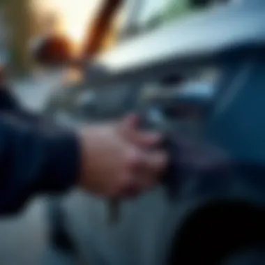 A professional locksmith working on a car door lock