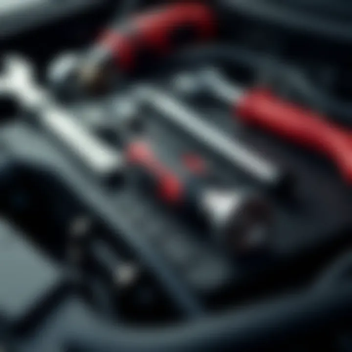 Close-up of automotive tools for DIY Dodge Challenger tune-up